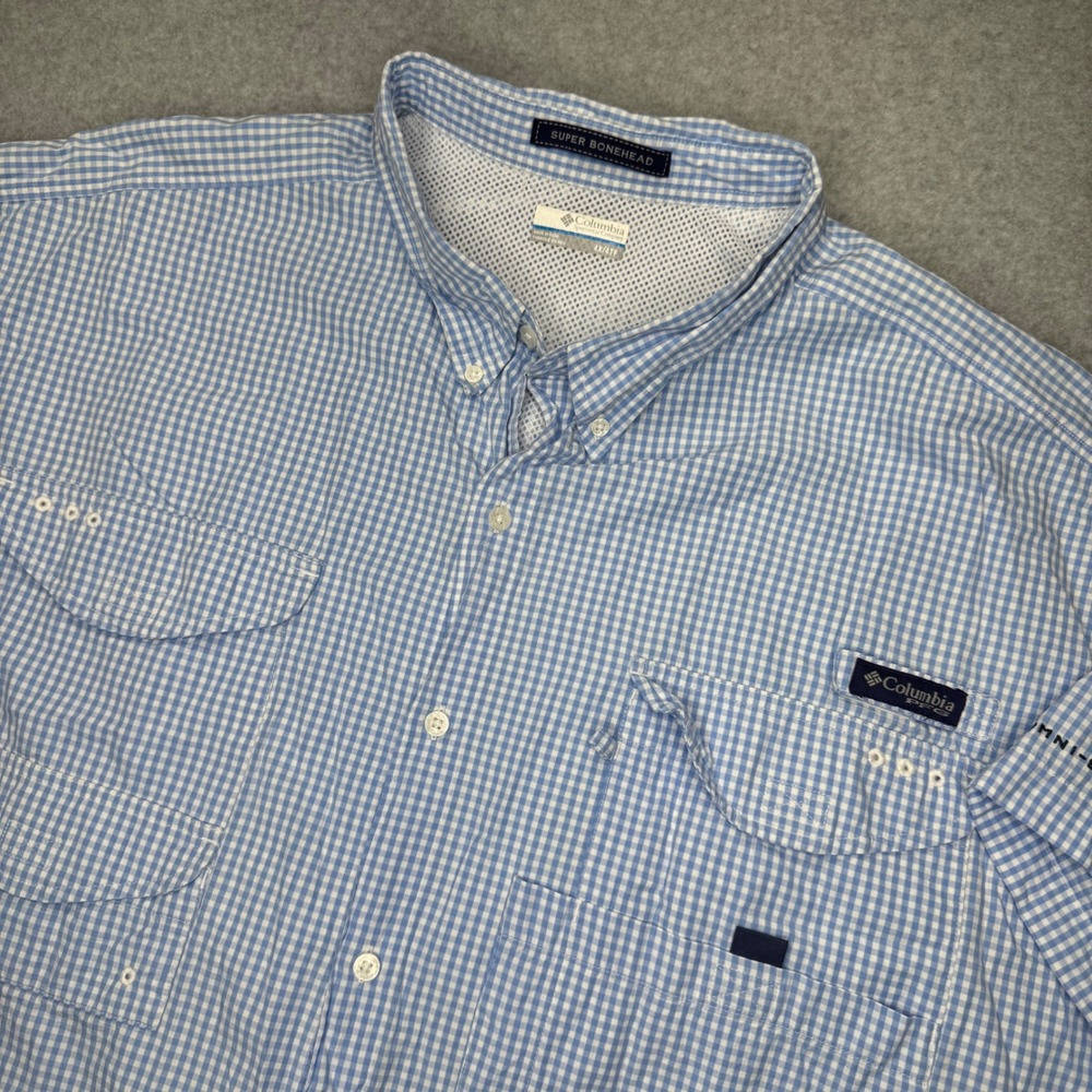 Columbia PFG Super Bonehead Fishing Shirt Mens 4X Blue Gingham Short Sleeve